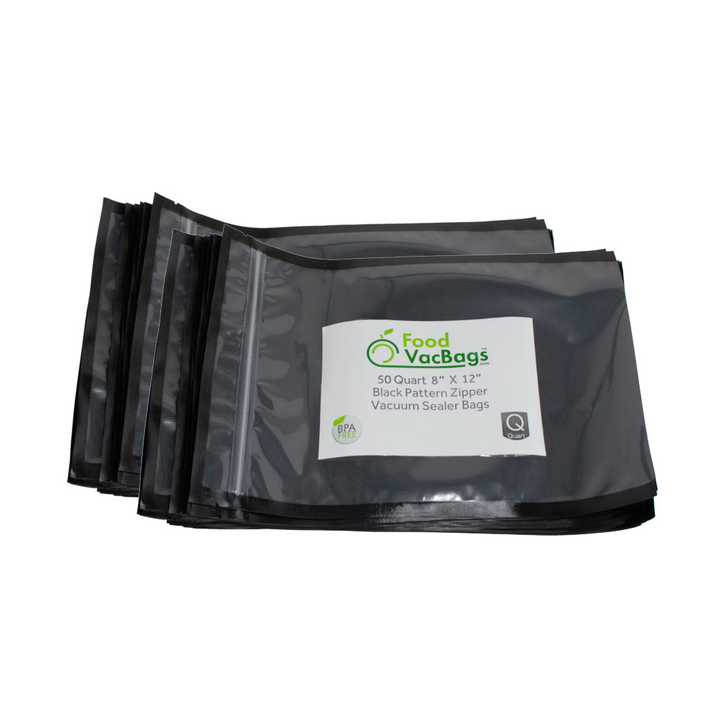 FoodVacBags Zipper Bags - 100 FoodVacBags 8" X 12" Zipper Quart Bags - Black Back Clear Front