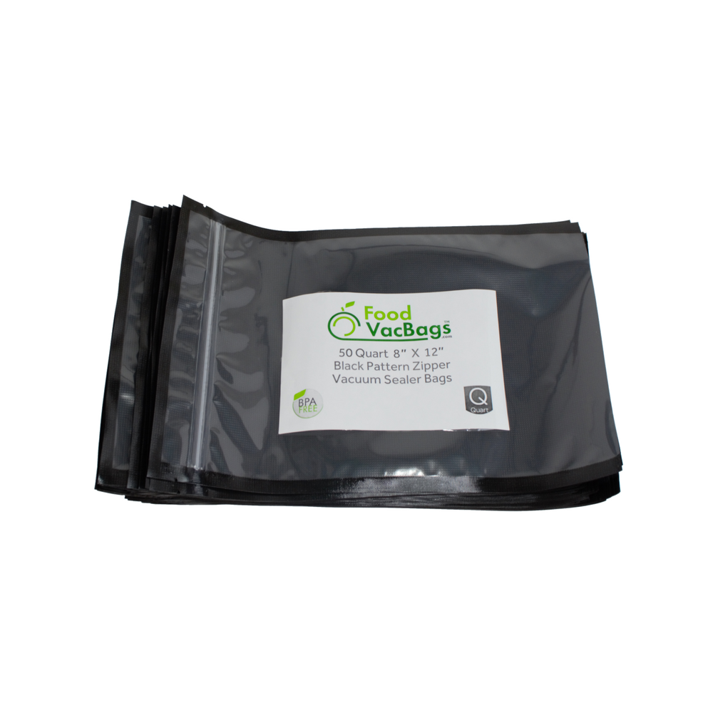 FoodVacBags Zipper Bags - 50 FoodVacBags 8" X 12" Zipper Quart Bags - Black Back Clear Front