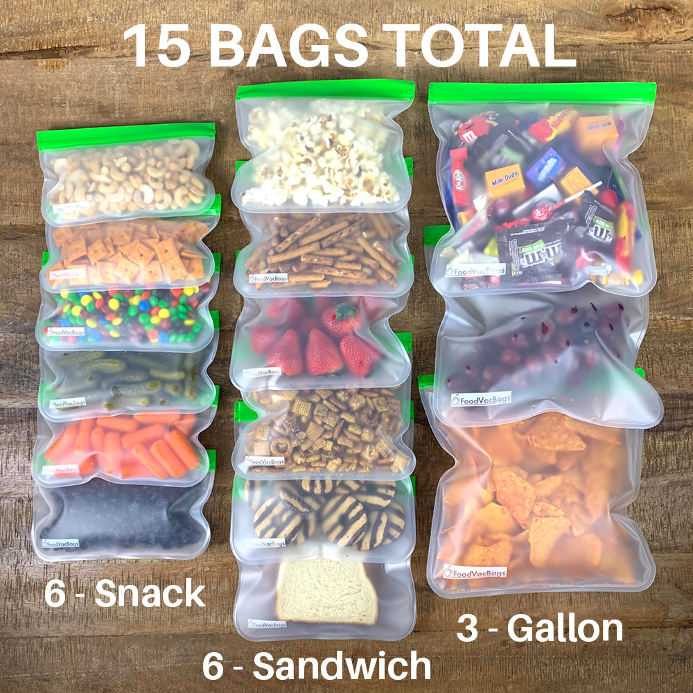 15 total PEVA reusable food storage bags