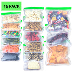Reusable Food Storage Bags, PEVA, 15 pack, Sandwich, Snack, Gallon