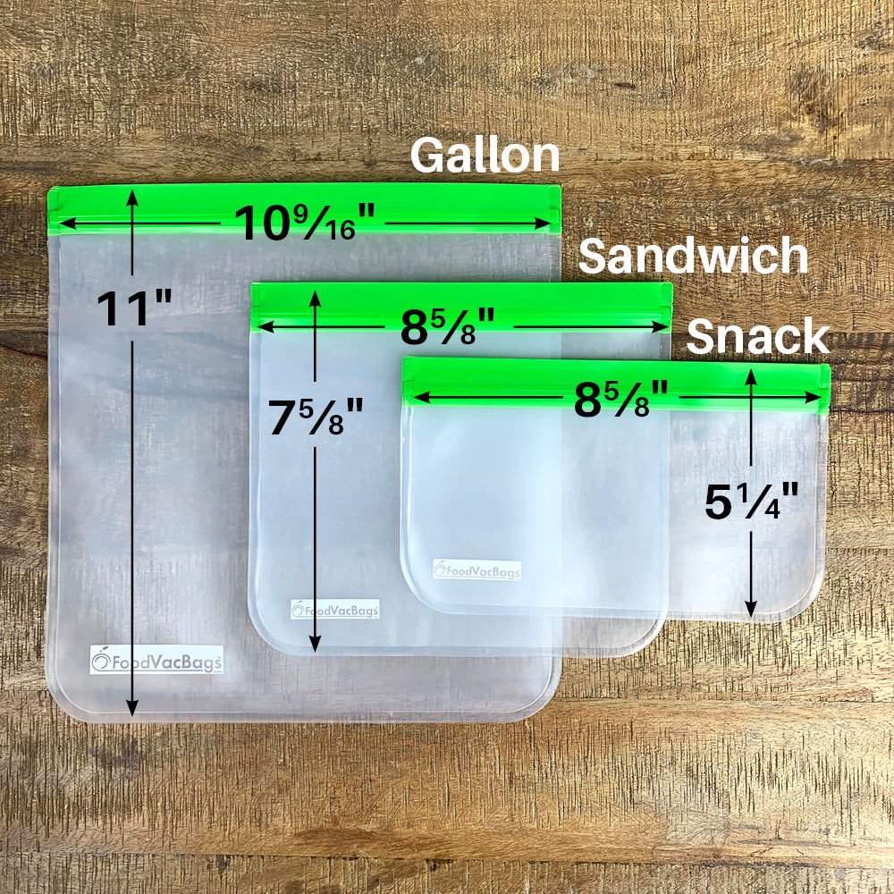 Reusable Food Storage Bags, PEVA, 15 pack, Sandwich, Snack, Gallon